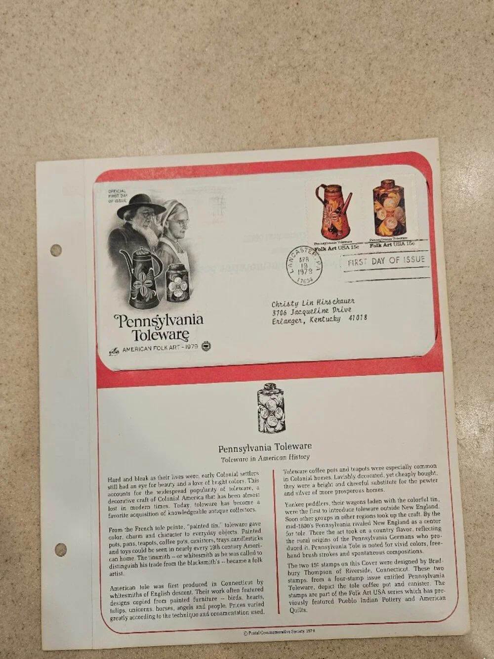 RARE COLLECTIBLE USPS 1ST DAY ISSUE COVER PENNSYLVANIA TOLEWARE FOLK ART STAMP 2